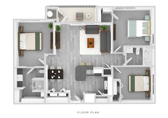 A floor plan of a small apartment with two bedrooms and a living area.
