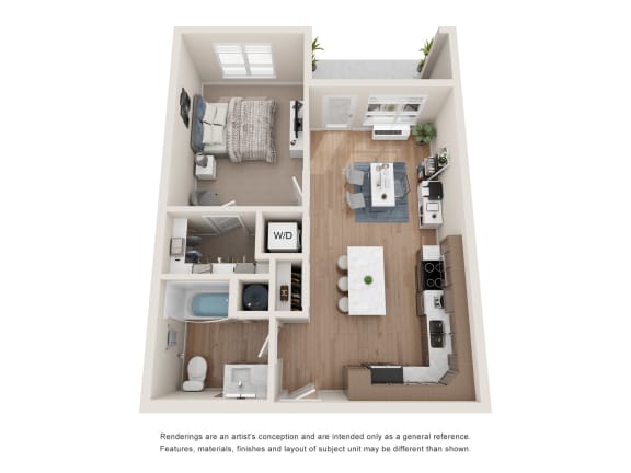 a stylized floor plan with a bedroom and a living room