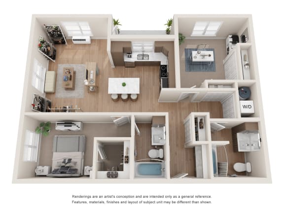 a 3d rendering of a floor plan with a bedroom and living room