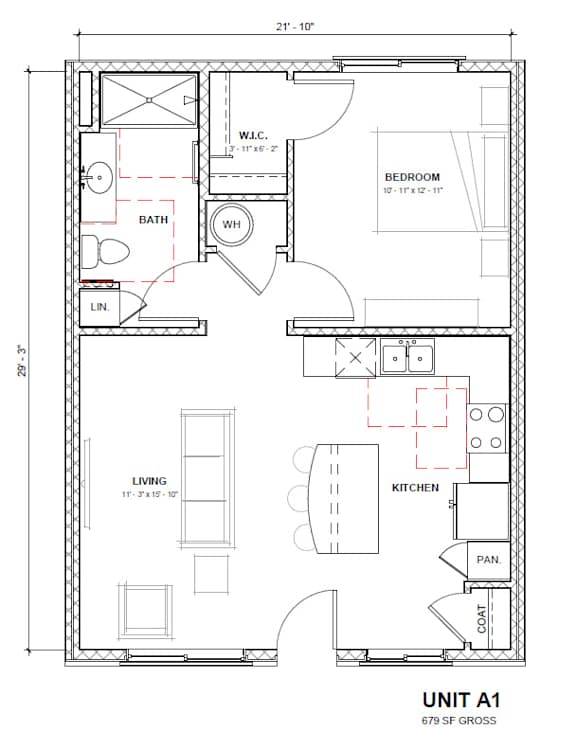 A floor plan of a unit with a living room, kitchen, bathroom and bedroom.