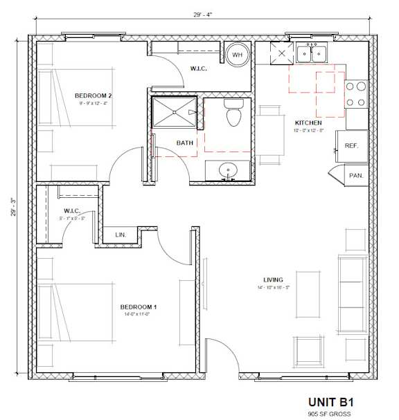 A floor plan of a unit with two bedrooms, a living room, a kitchen, a bathroom, a linen closet, a laundry area, and a pantry.