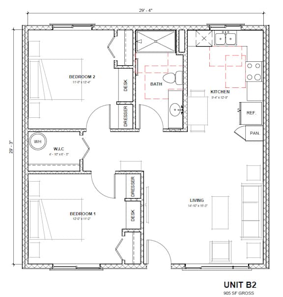 A floor plan of a unit with two bedrooms, a living room, a kitchen, a bathroom, a dresser, and a pan.