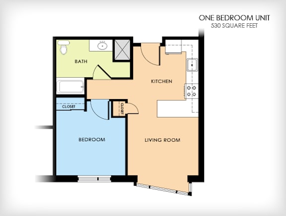 A floor plan of a one bedroom unit that is 530 square feet.