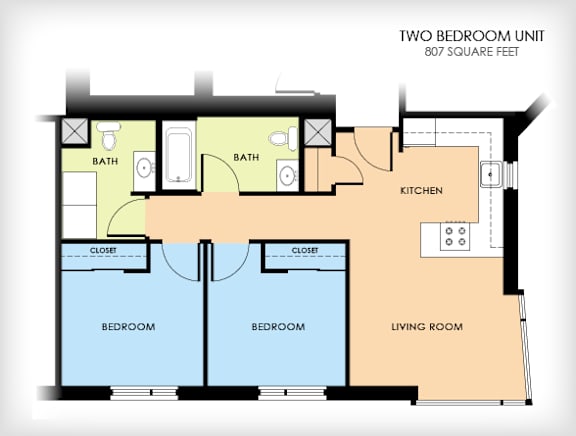 A floor plan of a two bedroom unit with a living room, kitchen, and two bathrooms.