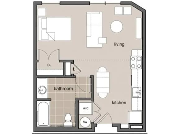 A floor plan of a small apartment with a living room, kitchen, and bathroom.