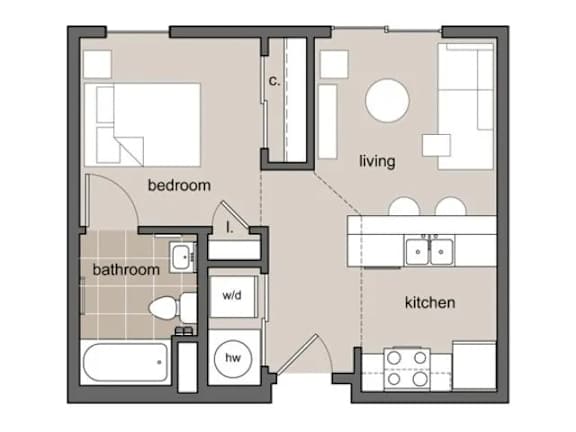 A floor plan of a living room with a bathroom.
