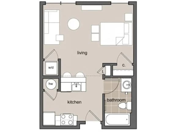 A floor plan of a house with a living room, kitchen, and bathroom.