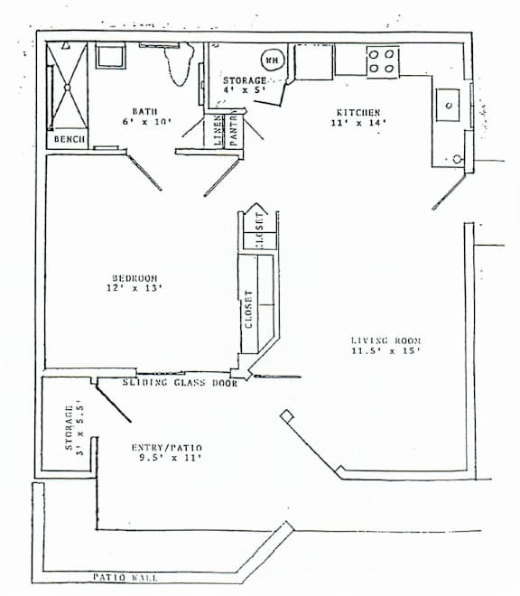 A floor plan of a house with a living room, bedroom, bathroom, kitchen, and storage.