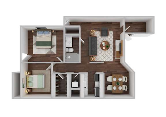 A 3D rendered image of a house layout.