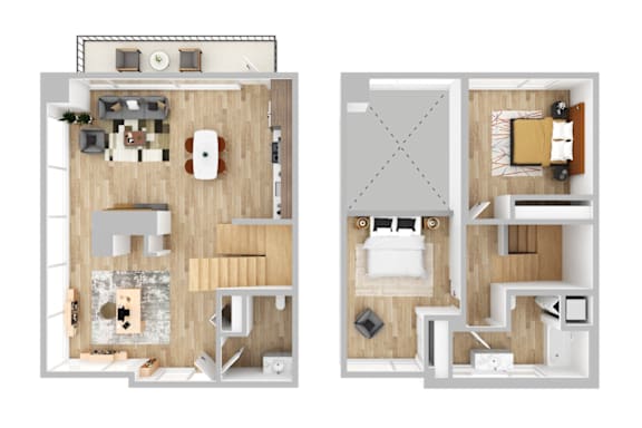 two floor plans of a house with a bedroom and a living room