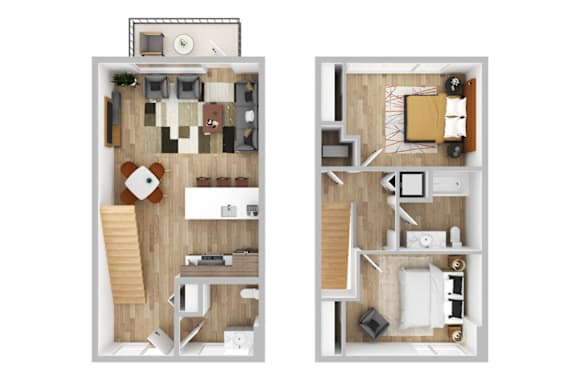 two floor plans with a bedroom and a living room
