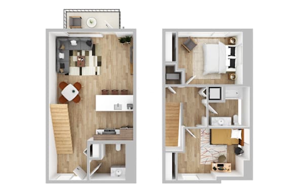 two floor plans of a house with a bedroom and a living room