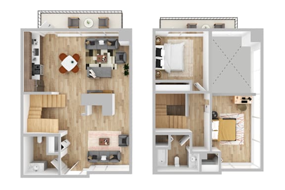 two floor plans of a house with a bedroom and a living room