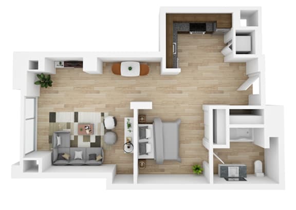 an overhead view of a living room with a wood floor