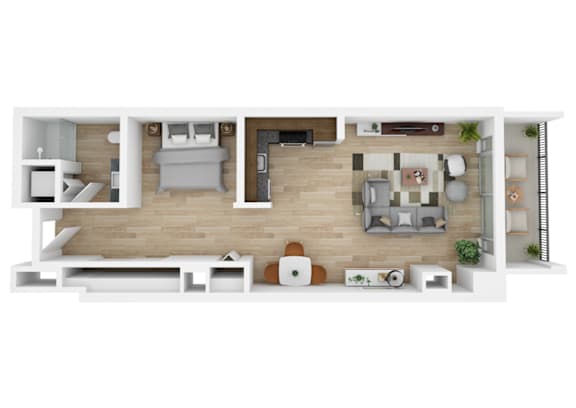A 3D floor plan of a modern apartment with a kitchen, living room, and bedrooms.