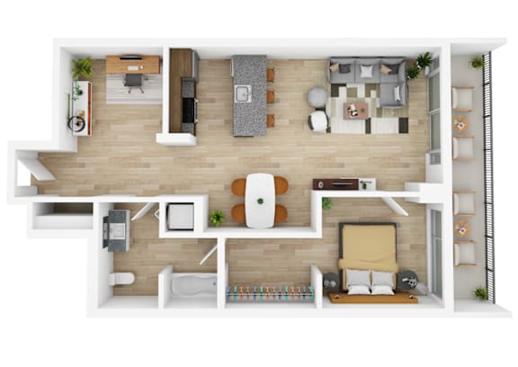 the interior of the apartment is divided into two floors with a bedroom and a bathroom