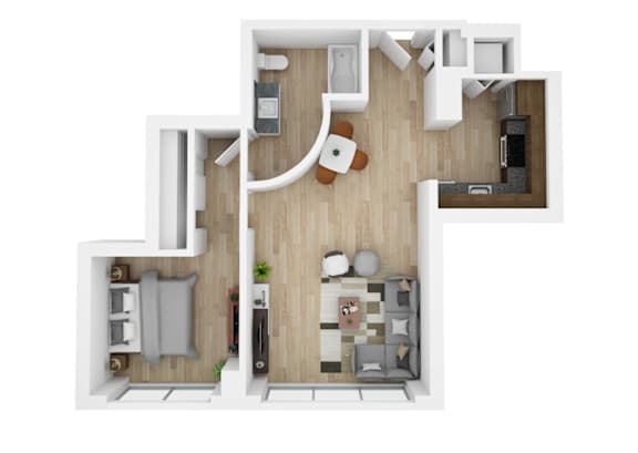 a stylized floor plan of a bedroom with a bathroom and a living room