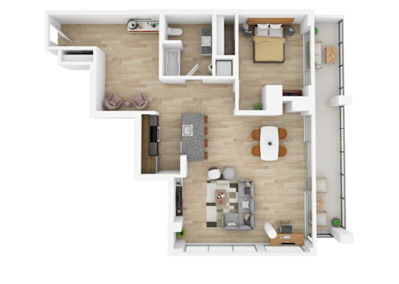 a stylized floor plan with a bedroom and a living room