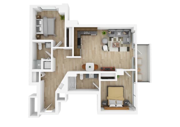 a stylized floor plan of a house with a bedroom and living room