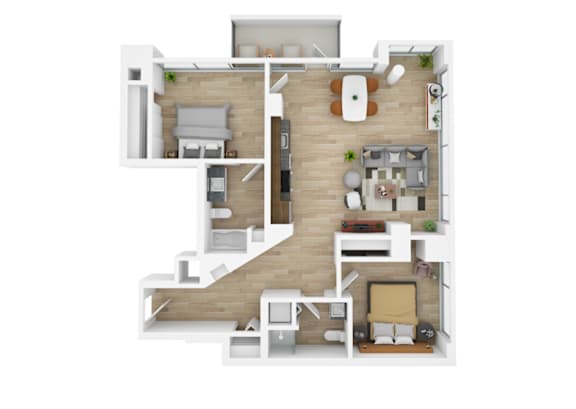 the interior of a studio apartment with a kitchen and living room