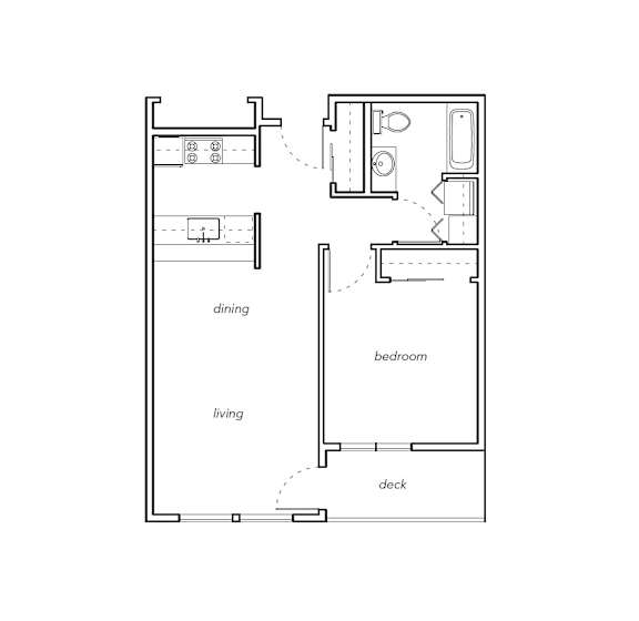 A floor plan of a small apartment with a living room, dining room, bedroom, and deck.