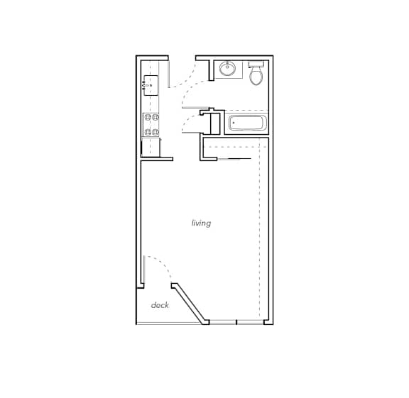 A drawing of a floor plan of a room with a living area and a deck.