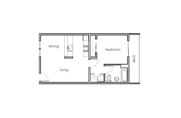 A floor plan of a small apartment with a living room, dining area and bedroom.