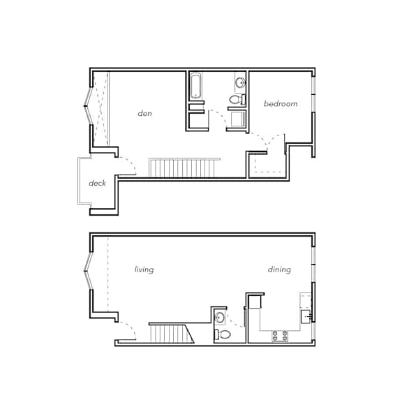 A floor plan of a two-story home with a living room, dining room, deck, and bedrooms.