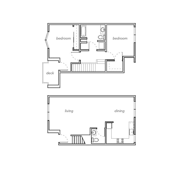 A floor plan of a house with two bedrooms, a living room, a dining room, a kitchen, and a deck.