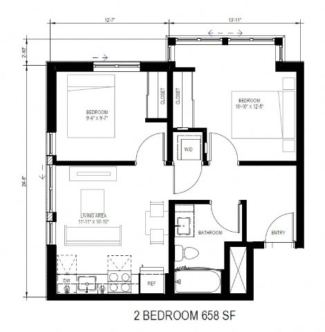 floor plan of the 2 bedroom 668 sq ft house