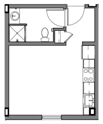 A floor plan of a small apartment with a kitchen, living room, and bathroom.