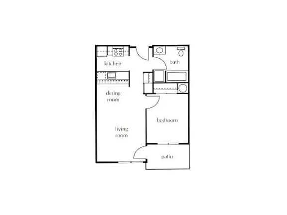 A floor plan of a house with a kitchen, dining room, living room, bathroom, and bedroom.