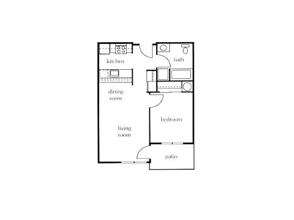 A floor plan of a house with a kitchen, dining room, living room, bathroom, and bedroom.
