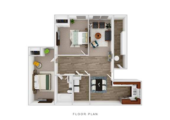 A floor plan of a small apartment with a kitchen, living room, and bathroom.