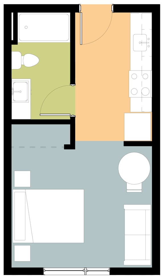 A floor plan of a room with a bed, a desk, and a toilet.