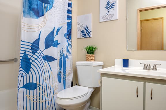 A bathroom with a toilet, sink, and shower curtain.
