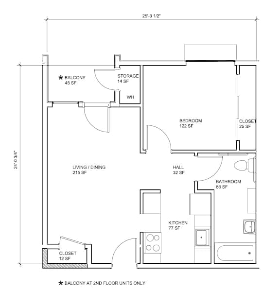 A floor plan of a house with a balcony at the second floor.