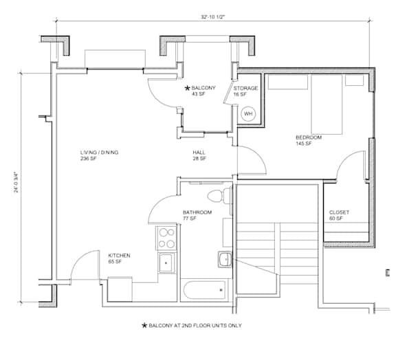 A floor plan of a house with a balcony at the second floor.
