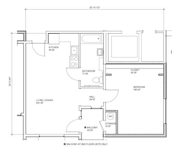 A floor plan of a house with a living room, dining room, kitchen, bathroom, bedroom, and storage.