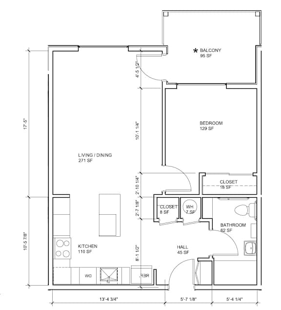 A floor plan of a house with a balcony, living room, dining room, kitchen, bathroom, and hall.