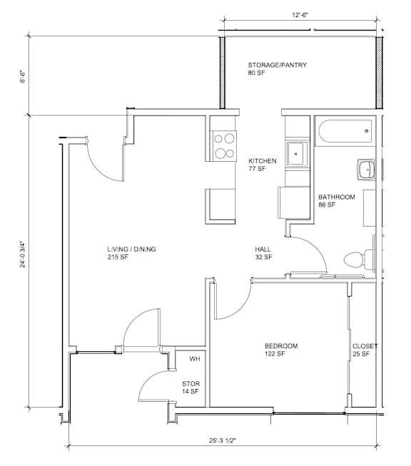 A floor plan of a house with labeled rooms and their respective sizes.