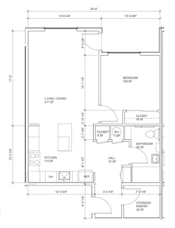 A floor plan of a small apartment with a living room, bedroom, kitchen, bathroom, and storage pantry.