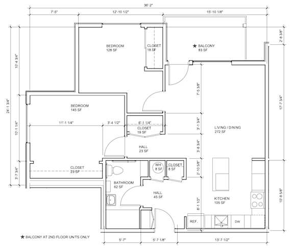 A floor plan of a house with a balcony at the second floor only.