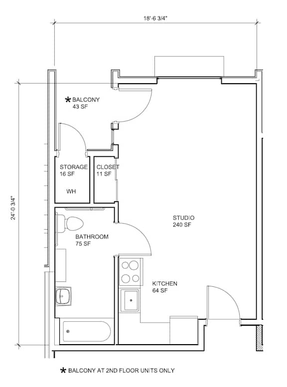 A floor plan of a house with a bathroom, kitchen, and storage closet.