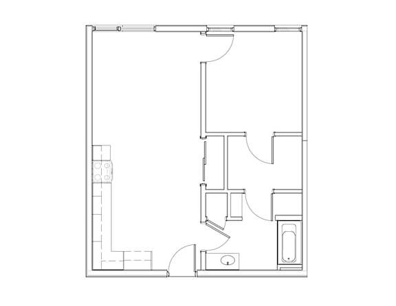 A floor plan of a house with a kitchen, living room, and bathroom.