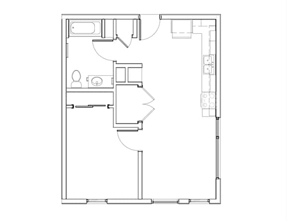 A floor plan of a small apartment with a kitchen, living room, and bathroom.