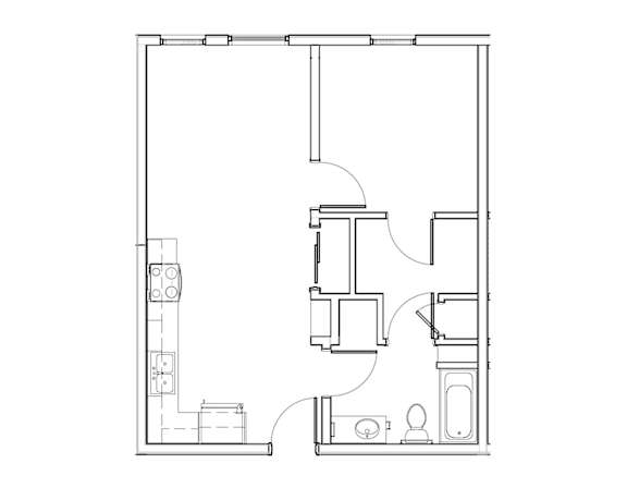 A floor plan of a house with a kitchen, living room, and bathroom.