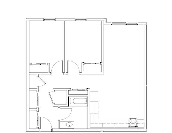 A floor plan of a house with a kitchen, living room, and two bedrooms.