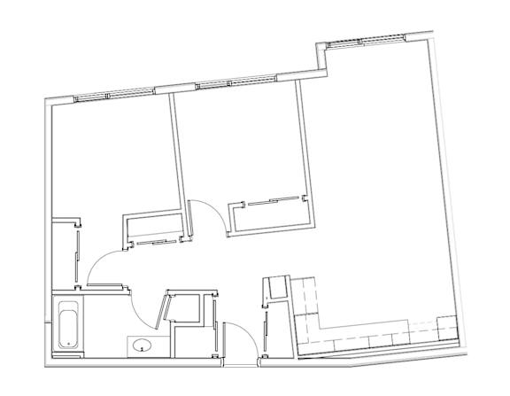 A floor plan of a house with a kitchen, living room, and two bedrooms.