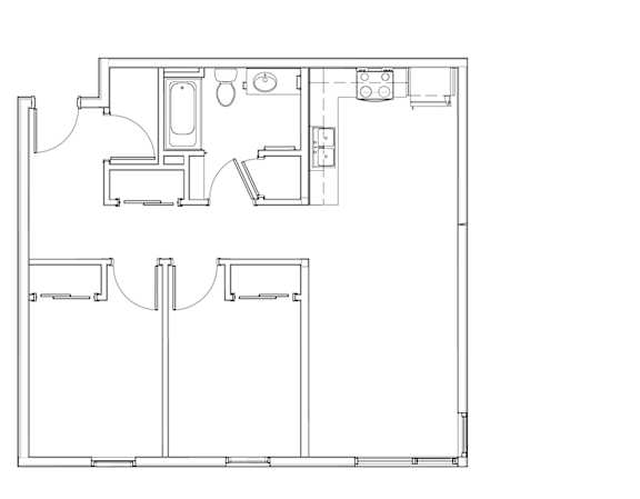A floor plan of a house with a kitchen, living room, and two bedrooms.